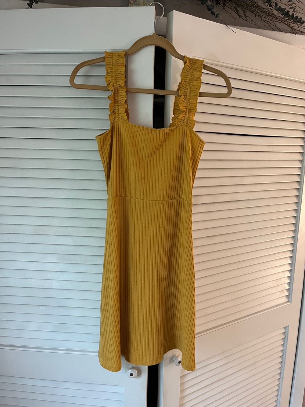 Harper Mustard Yellow Ribbed Ruffle-Shoulder Mini Dress